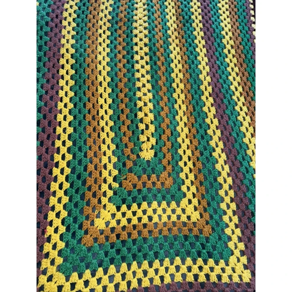 Vintage Crochet Throw Blanket brown/green/yellow 60x35in